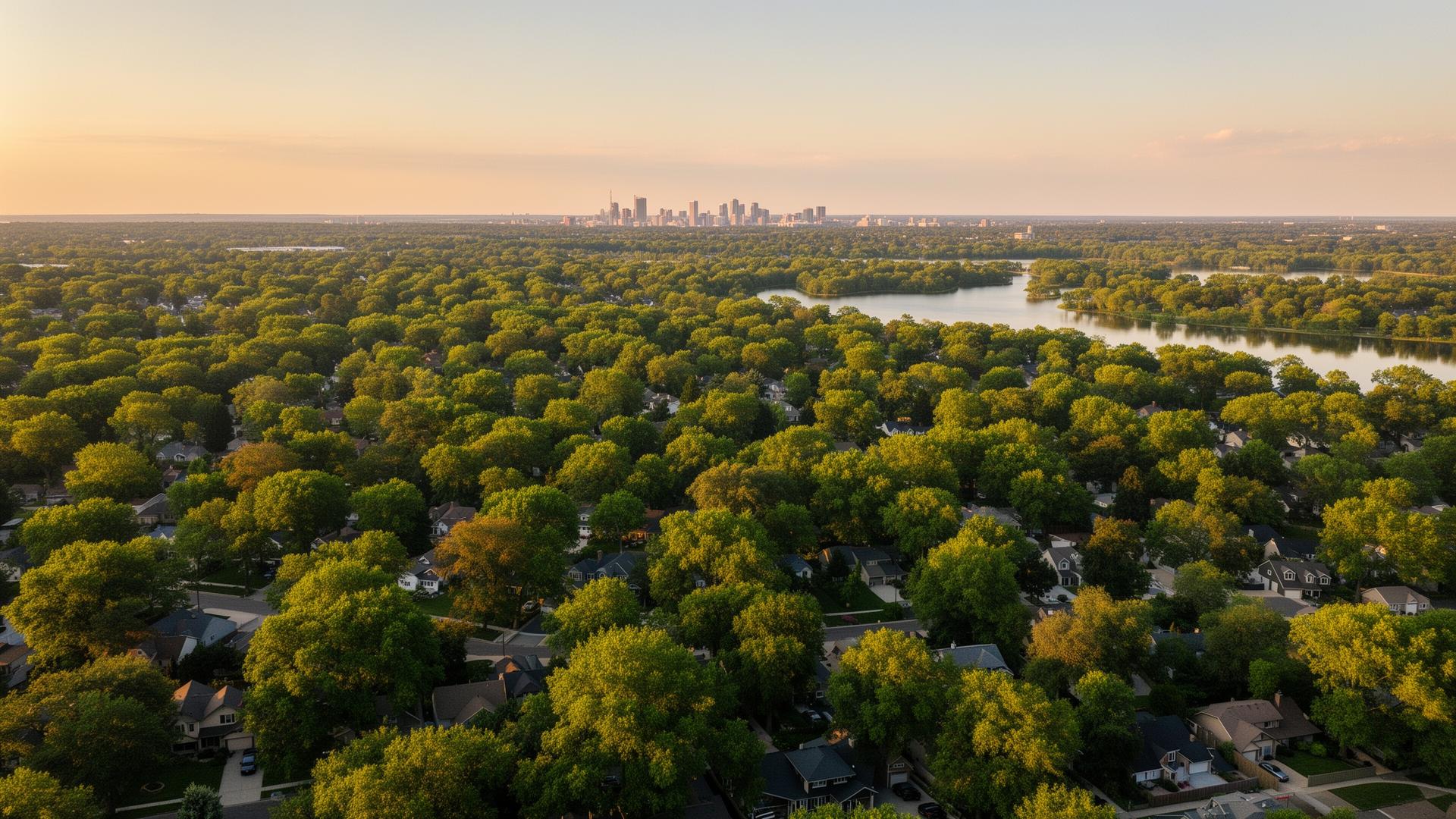 Aerial view of Roseville, Minnesota at golden hour with the Twin Cities skyline in the distance